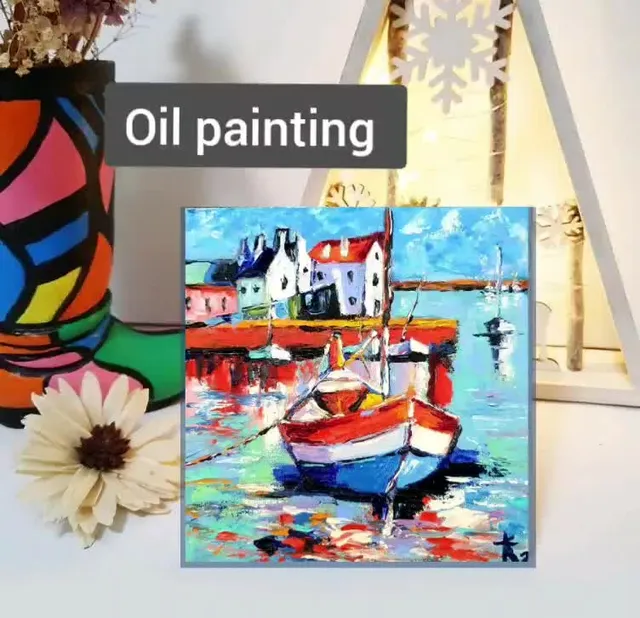 Oil painting seascape Norwegian houses and boats