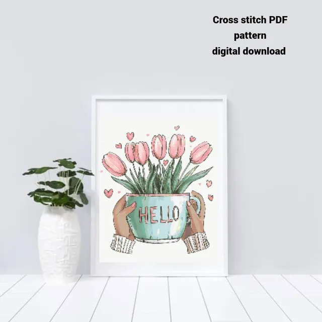Tulip cross stitch PDF pattern, Spring Flowers embroidery design, Instant download