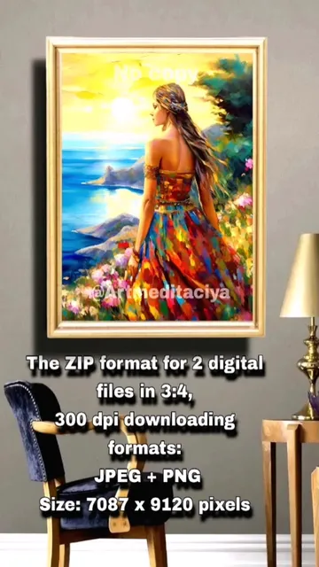 The digital painting "The Mediterranean". The image of a beautiful blonde of European appearance with loose hair in a bright summer sundress looking down from a blooming hill at the sea in the sunlight in the style of oil painting. 

Instant download. You can buy digital 3d paintings with instant international payment processing using the link 👇

https://ballwool.com/products/66990