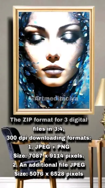 Digital abstract 3d textured modern painting "Blue Dreams". A close-up portrait of a woman with chameleon shadows on closed eyelids on an abstract sparkling blue-blue background of splashes in the style of pasty painting with a palette knife, impasto. Instant download. 
You can buy digital 3d paintings with instant international payment processing using the link 👇 

https://ballwool.com/products/66369