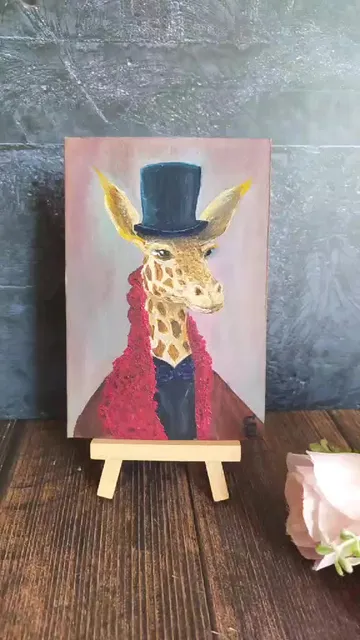 Oil painting "Giraffe in a hat", about 4*6 inches (10*15 cm)
