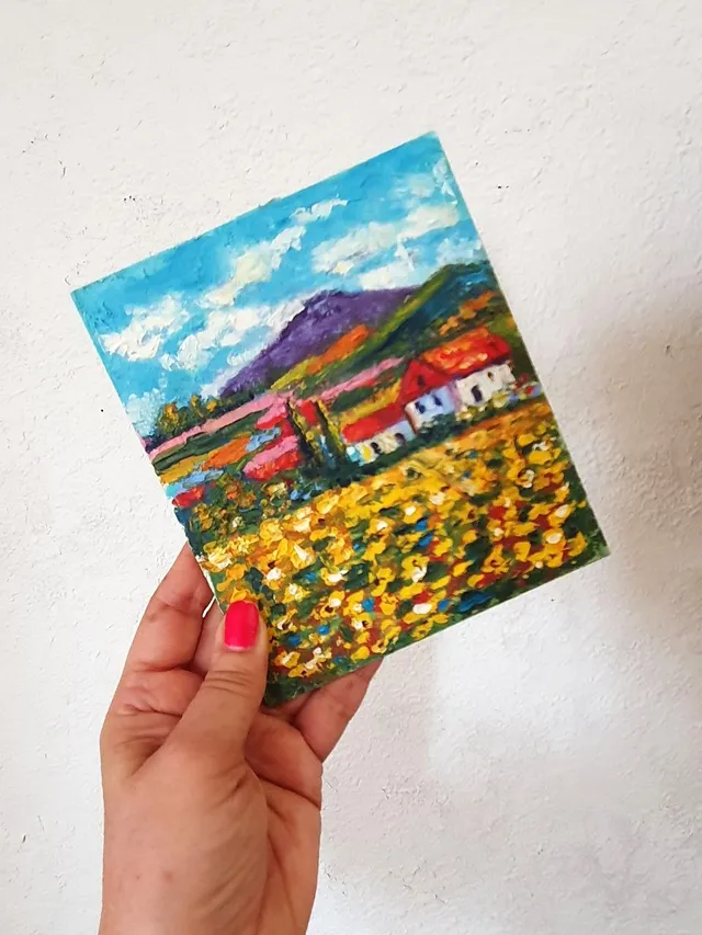 Field of sunflowers Tuscany oil painting
Original handmade oil painting
Artist: Vladislava Kovalenko
Size: 4.7x 5.5 inches
Frame size 8x 10 inches
This stunning oil painting captures the beauty and charm of Tuscany, Italy with its vibrant sunflower fields. Painted with intricate brush strokes and rich colors, this piece brings the warmth and brightness of the Tuscan sun into any space.