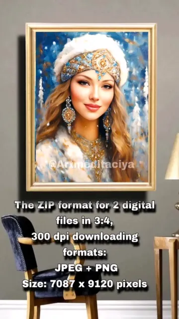 Digital abstract textural painting "Russian Snow Maiden", blonde with blue eyes in a luxurious winter headdress and white fur coat on an abstract background of a winter forest, made in the ethnic style of oil painting with a palette knife 👇🔗

https://ballwool.com/products/63430