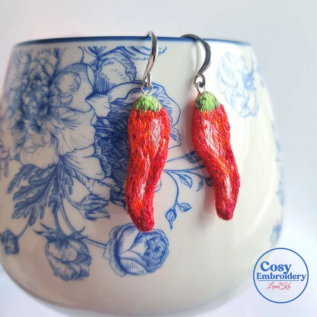 Embroidered Chili Pepper Earrings, Unique Handmade Chili Jewelry, Statement Earrings, Quirky Jewelry Accessory, Original Gift for Her