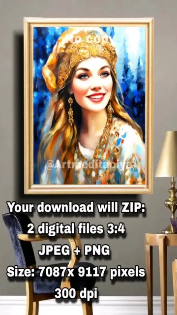 Digital abstract modern painting "Playful Slavyanka", a blue-eyed blonde girl in a luxurious golden headdress in a white dress on an abstract blue forest background, made in the style of oil painting in ethnocolor. 

Instant download. You can buy digital 3d paintings with instant international payment processing using the link 👇

https://ballwool.com/products/63433