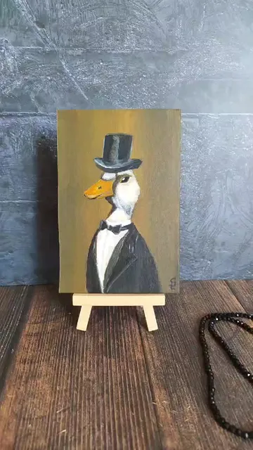 Oil painting "Goose-aristocrat", miniature, about 4*6 inches (10*15 cm)