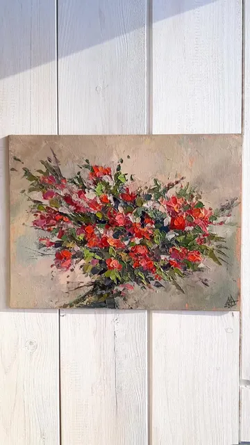 Red Flowers on Beige Artwork 7,1x9,4" Flower Painting Hand Painted Art 
#marinachuchkoart