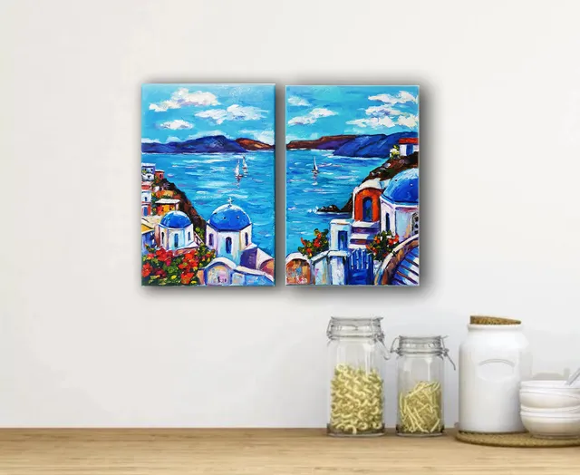 Santorini sailboats at sea oil painting diptych
Size: 12x16 in / 30x40 cm- total area
8x12 in/ 20x30 cm - each artwork