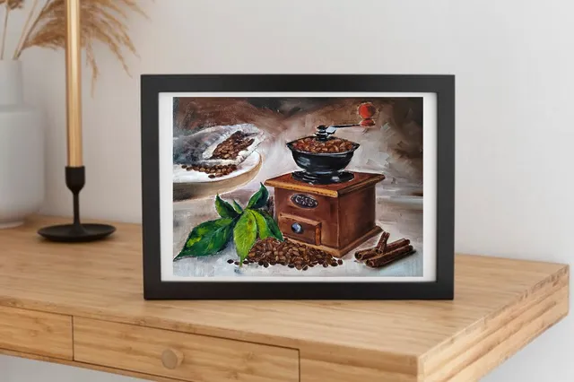 I often paint coffee-themed paintings in watercolor but recently I wanted to paint coffee-themed paintings in oil. That's why I was inspired to depict a hand mill and coffee beans.

And this is the picture that turned out. Coffee and cozy one -the way I like it.

I also have a coffee mill like this one at home. I bought it in the early 2000s. It's a pretty wooden coffee box. 
It's still on my shelf. And I always have a few coffee beans in the drawer for ground coffee - for luck.
