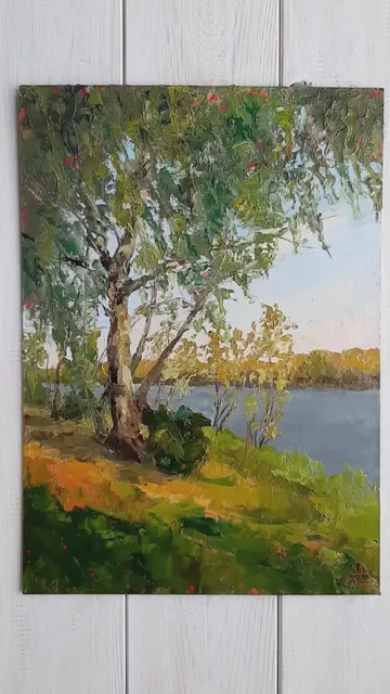 Birch Tree Painting 12x8,5" ORIGINAL ART Fall Pond Landscape Hand Made
#marinachuchkoart