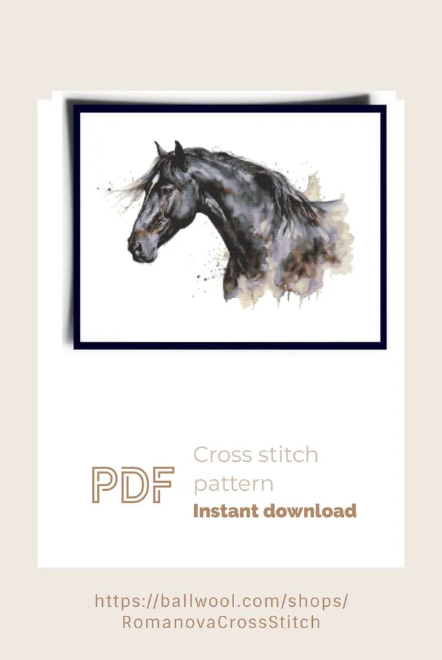 Black horse watercolor cross stitch PDF pattern, Animal embroidery design, Instant download