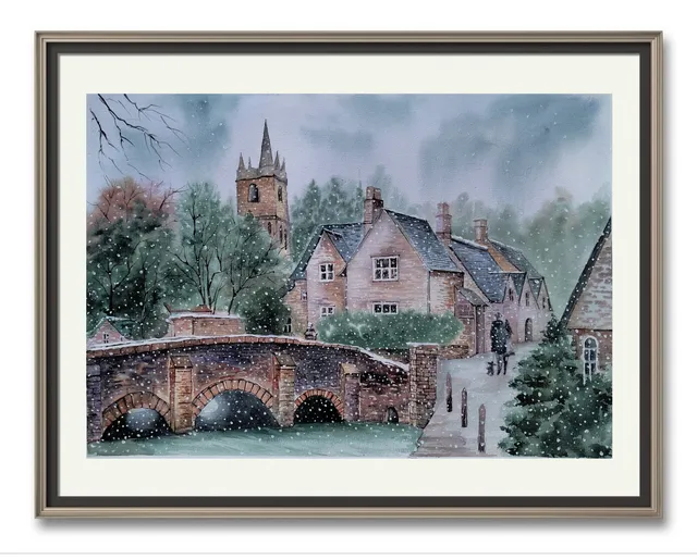 When I saw the photo of this fabulous English village, I had no idea exactly where and in which part of Britain it was located. 
And what its name was, and so on...
I just liked these "gingerbread" houses and the cozy atmosphere of the winter village. 
Later I found out that this village is called Castle Combe, and it's in Wiltshire. I was happy to paint a picture of the winter Castle Combe, and this is one of my favorite works!