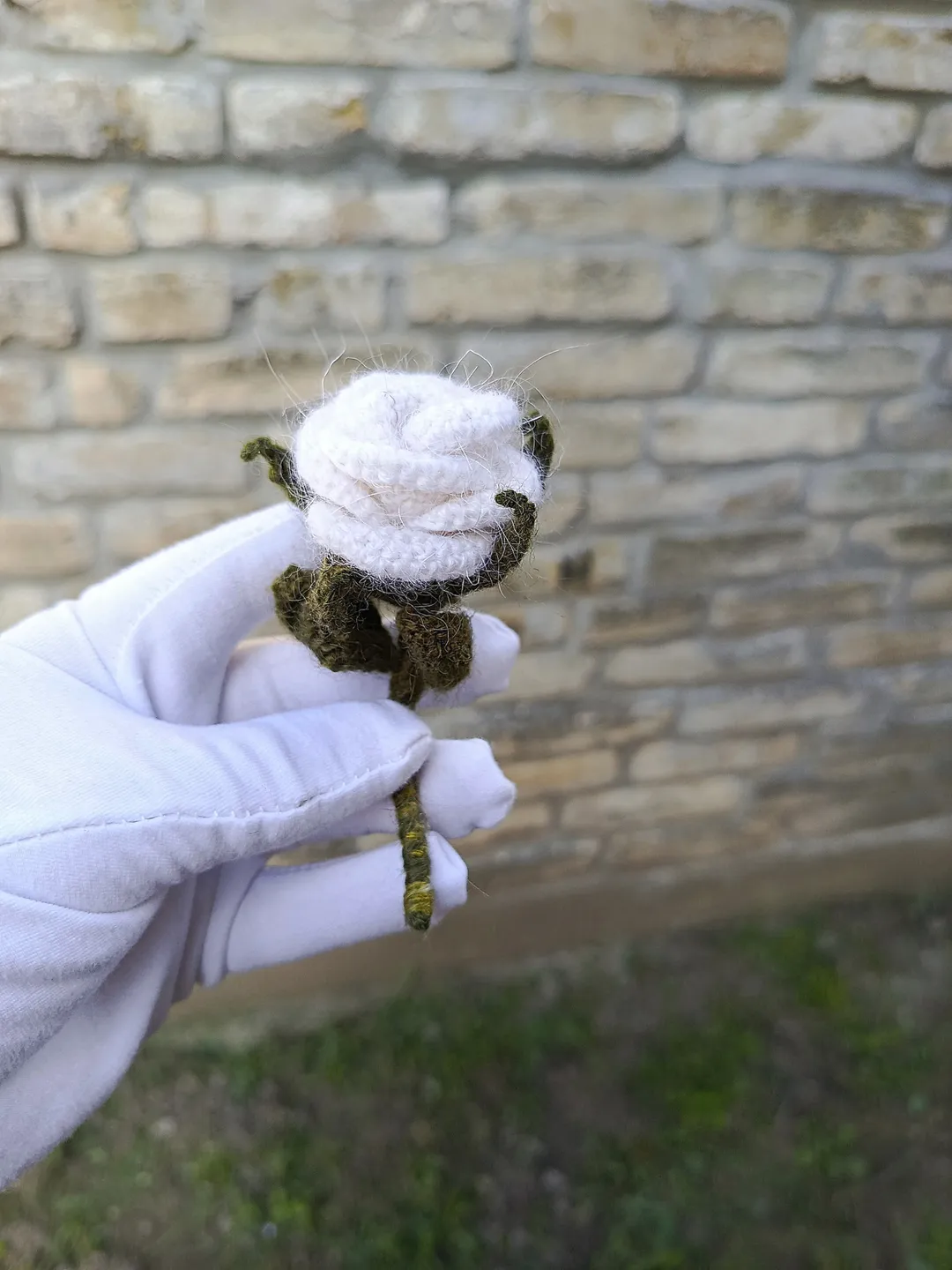 Crocheted Mohair Rose Brooch in White