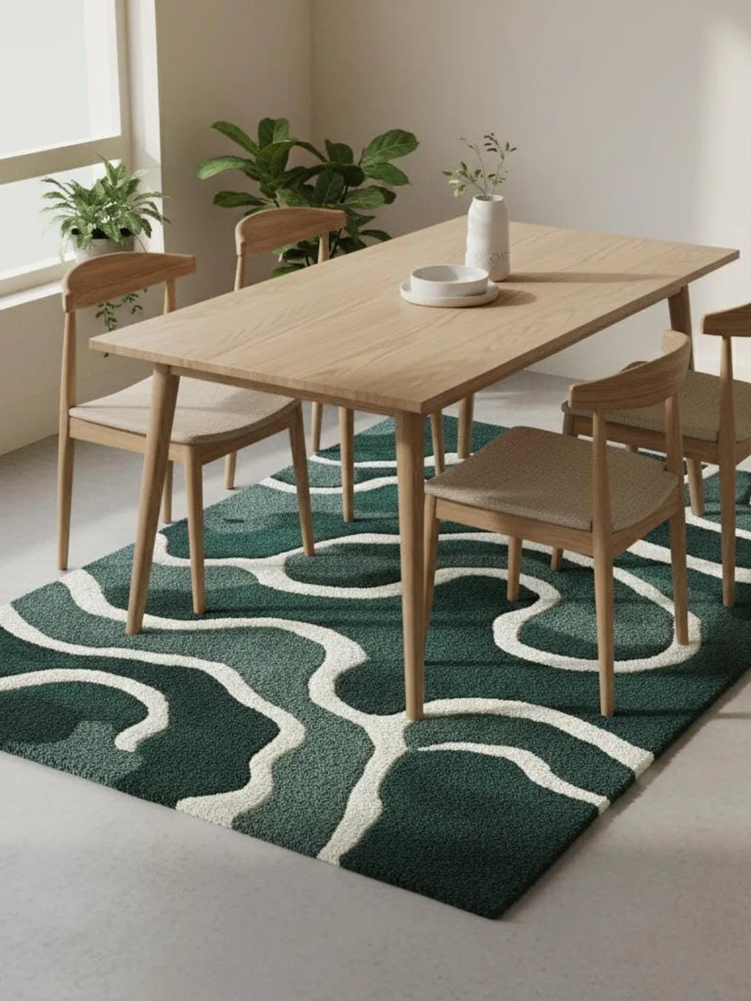 Emerald Green Wool Rug | Abstract Wavy Lines, Scandinavian Decor
