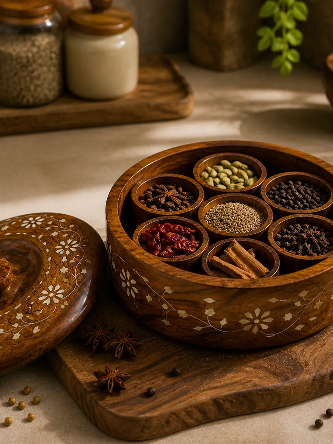 Wooden Spice Box with Lid | Handmade Masala Box Organizer