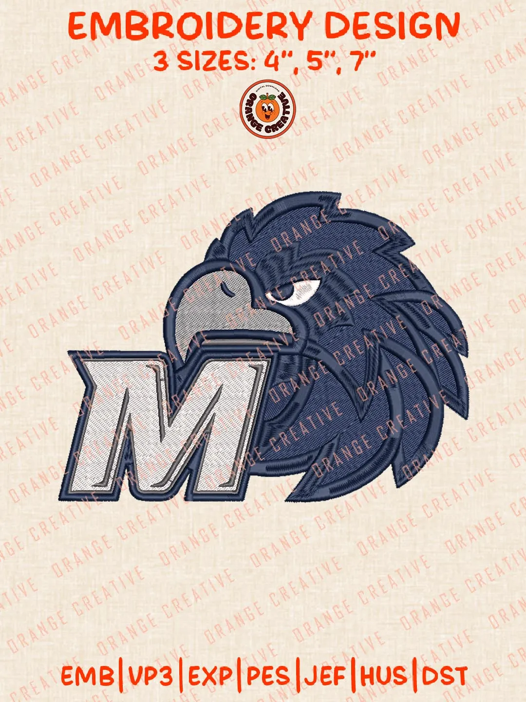 Monmouth Hawks Head Mascot Logos Embroidery Design Files, NCAA Logos Embroidery Designs, Machine Embroidery Files, 4 Sizes, Custom Sizes, Instant Download