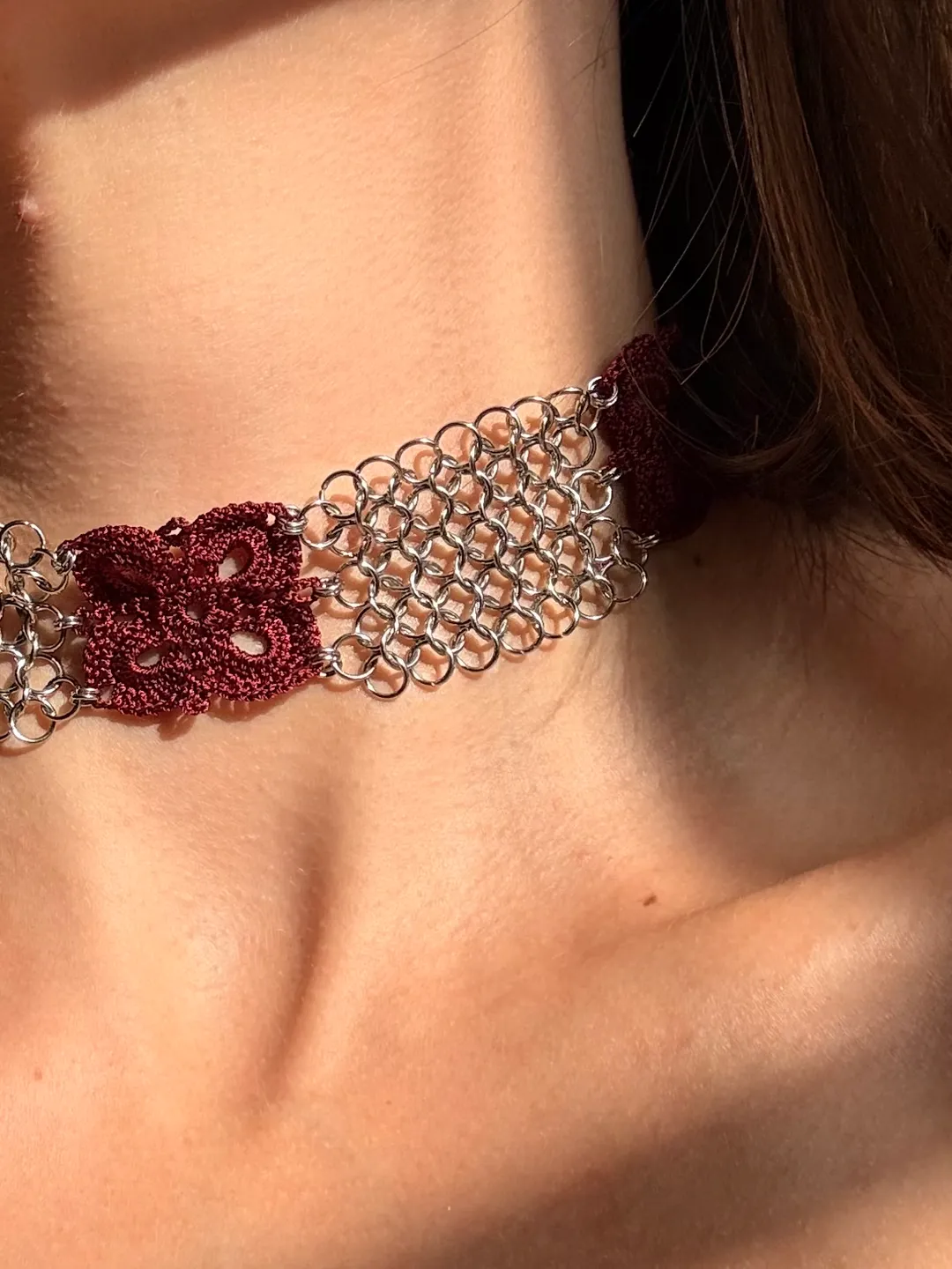 Choker Chainmail and Crochet Lace Stainless Steel Jewelry Handmade