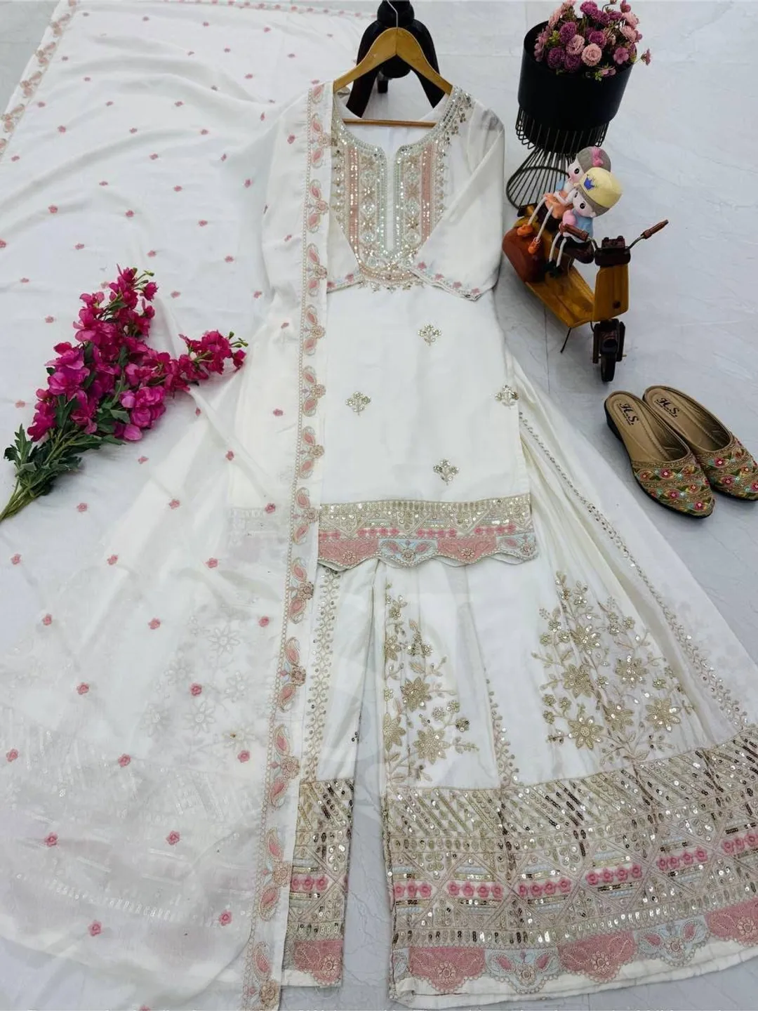 White Salwar Kameez Readymade Suit Set, Indian Designer Black Salwar Suit, 3 Piece Silk Suit, Kurta Palazzo Dupatta Set, Women Sharara Suit