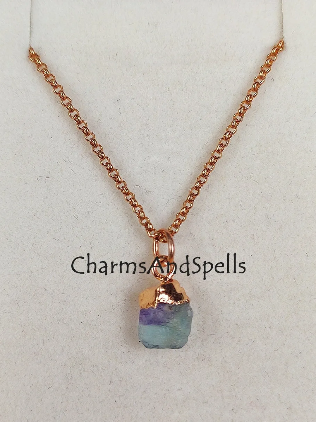 Natural Raw Fluorite Necklace, Rainbow Fluorite Necklace, Gemstone Necklace, Rose Gold Plated Necklace, Crystal Necklace, Fluorite Pendant