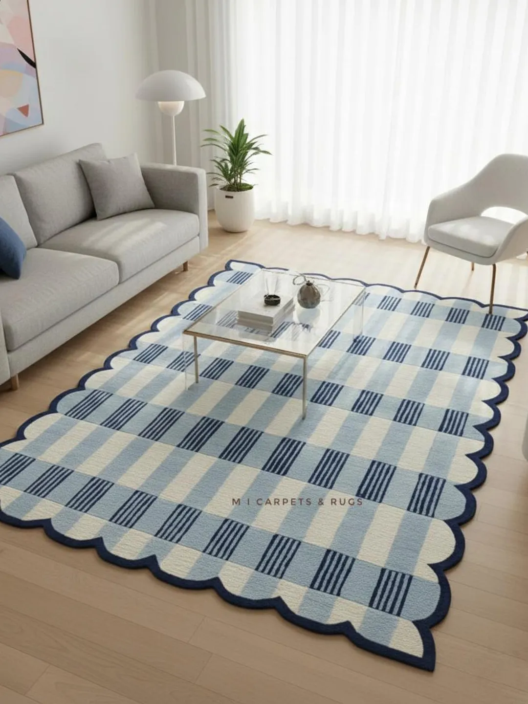 Tufted Check Rug Hand-Tufted Blue Checkered Wool Rug | Modern Scalloped Border rug in 4x6