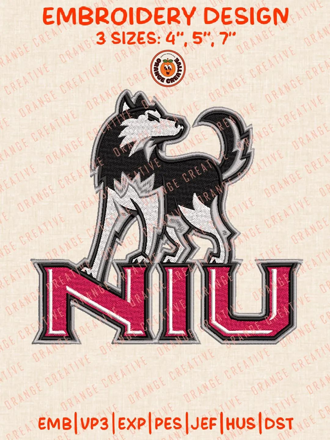 NIU Huskies Embroidery Design Files, NCAA Logos Embroidery Designs, NCAA Northern Illinois Huskies Machine Embroidery Files, 3 Sizes, Custom Sizes, Instant Download