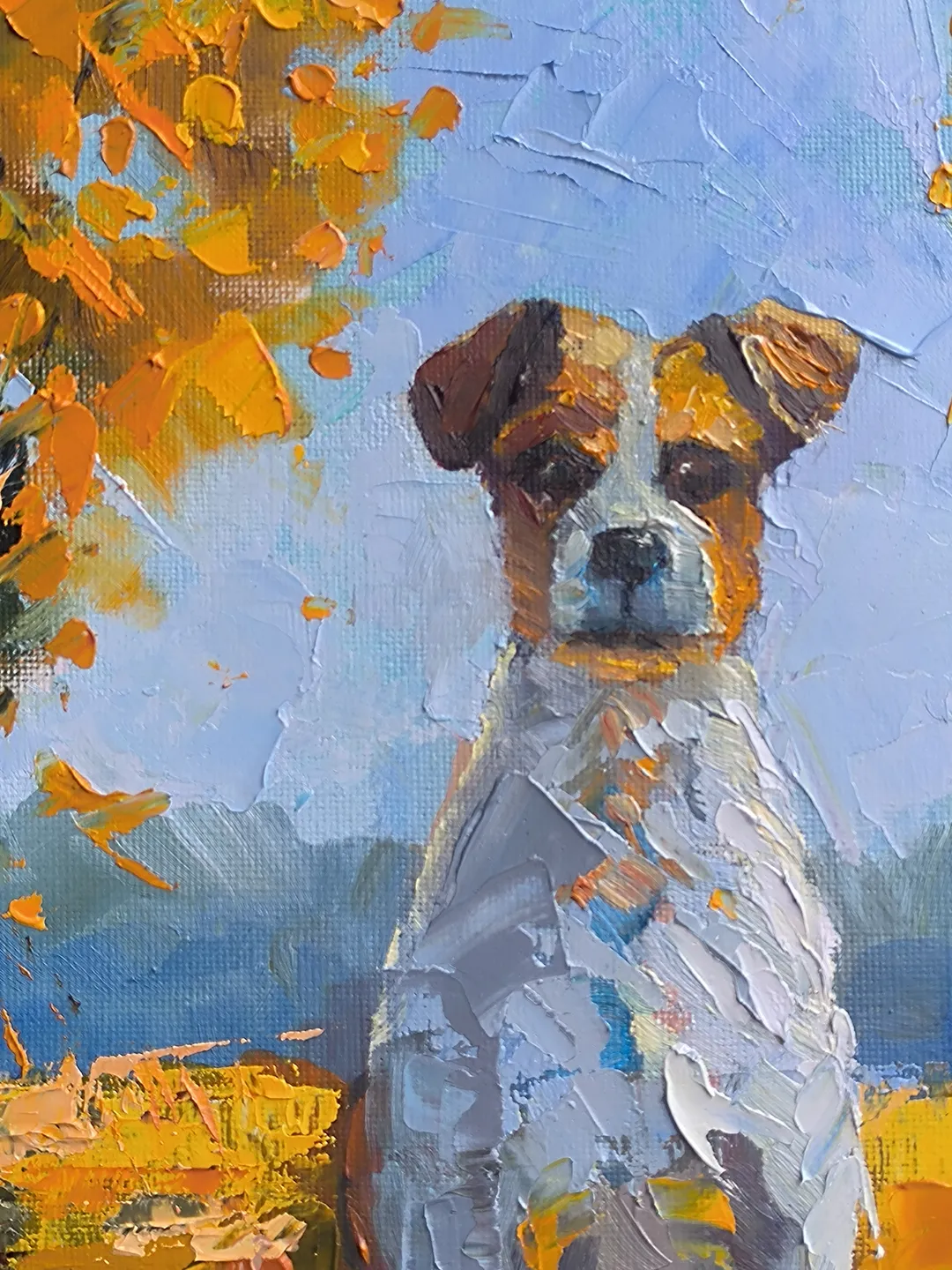 Dog oil painting, Dog on canvas, Oil painting, Dog in the autumn forest