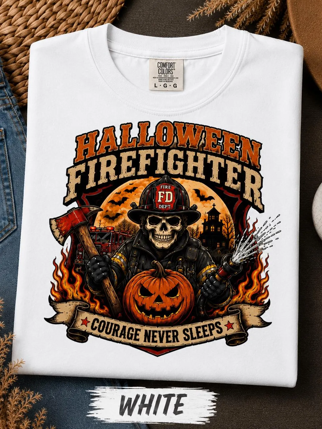 Comfort Colors® Halloween Firefighter Shirt, Vintage Fire Rescue Pumpkin Tee, Spooky Season Firefighter Gift, 1717 Graphic T-Shirt