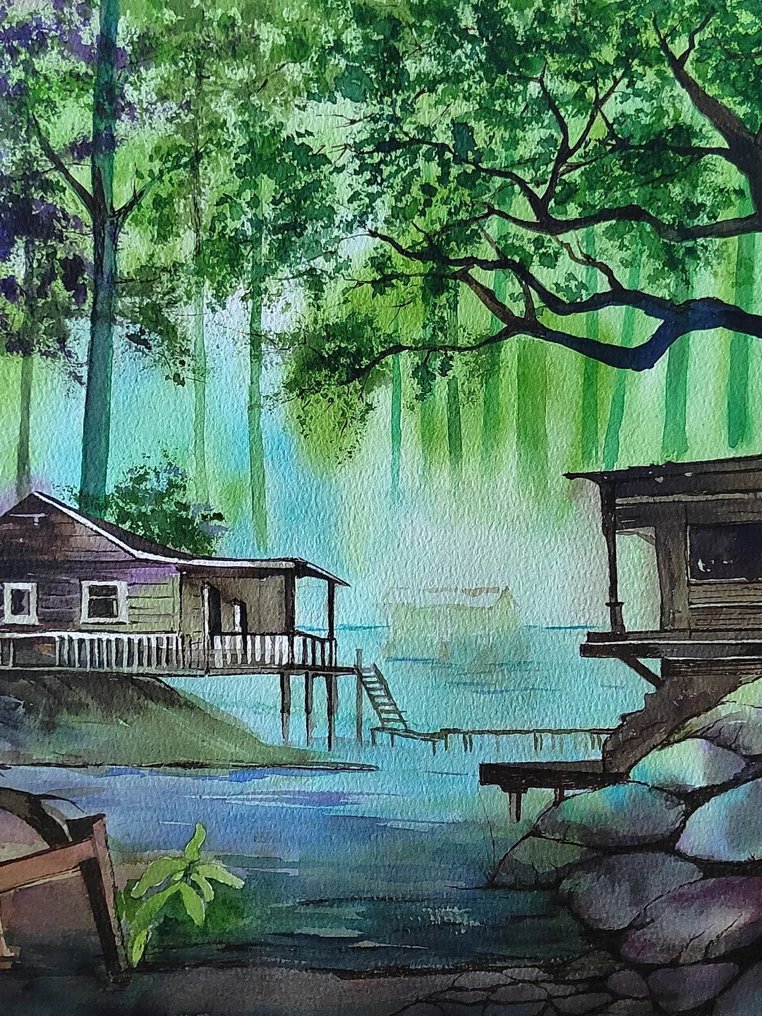 Original Watercolor Painting Forest Landscape Art Fairy Place Artwork 30x40 cm by SoftWaves