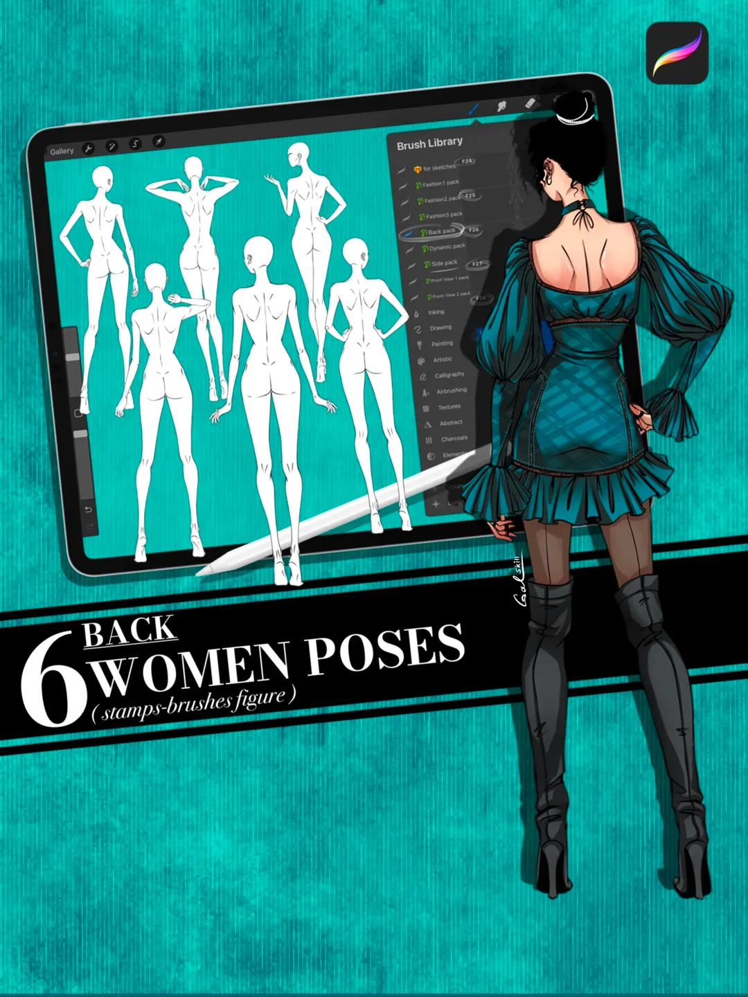 Procreate brushes, body poses of female figure, set "Back"