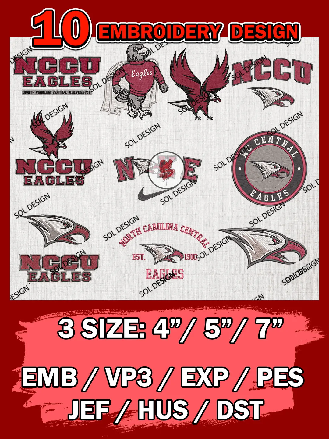 10 NCAA North Carolina Central Eagles Bundle Embroidery Files, NCAA North Carolina Central Eagles Team Bundle Embroidery Designs, NCAA Teams, National College Football Team 3 sizes, NCAA NCCU Eagles Machine Embroidery, Digital Download