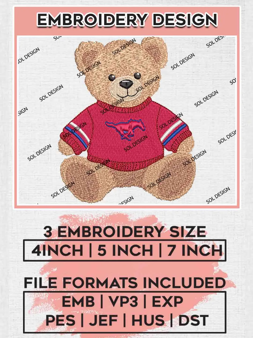 NCAA SMU Mustangs Teddy Bear Logo Embroidery Designs, NCAA Logo Embroidery files, NCAA Team, College Rugby Team Machine embroidery designs, Digital Download