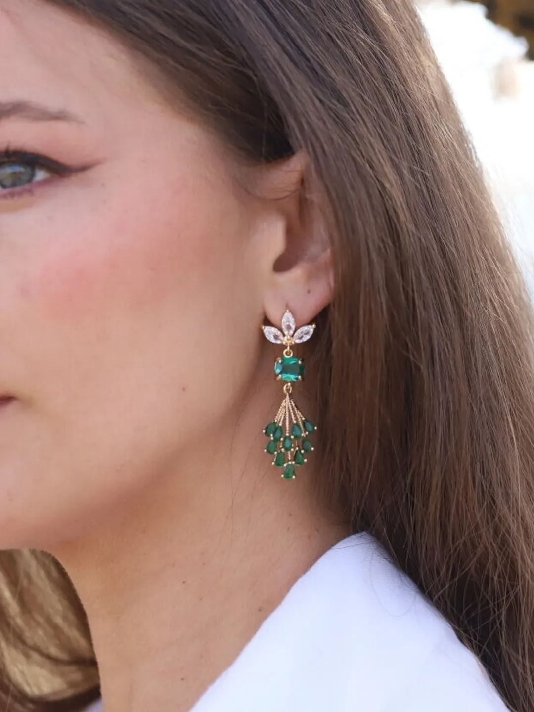 Art Deco Earrings, Boho Bridal Earrings, Statement Wedding Earrings, Emerald Gold Chandelier Earrings, Flower Earrings, Long Wedding Earring