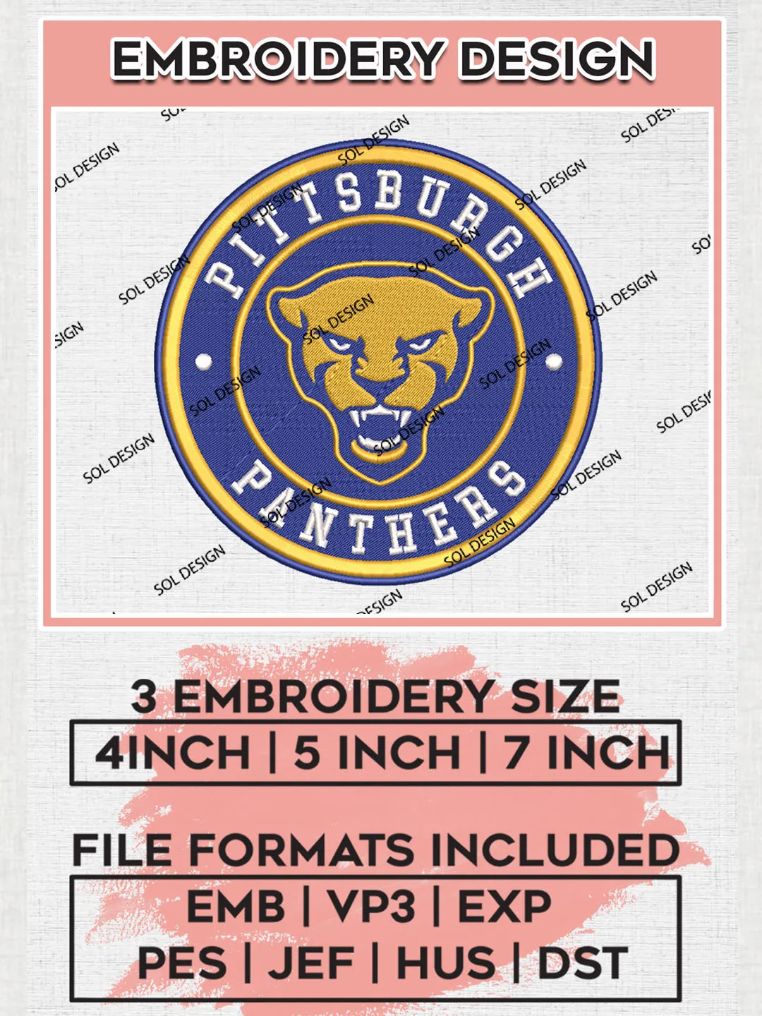 NCAA Pittsburgh Panthers Round Logo Embroidery, NCAA Pittsburgh Panthers Embroidery Design files, NCAA Teams, NCAA Machine embroidery designs, Digital Download