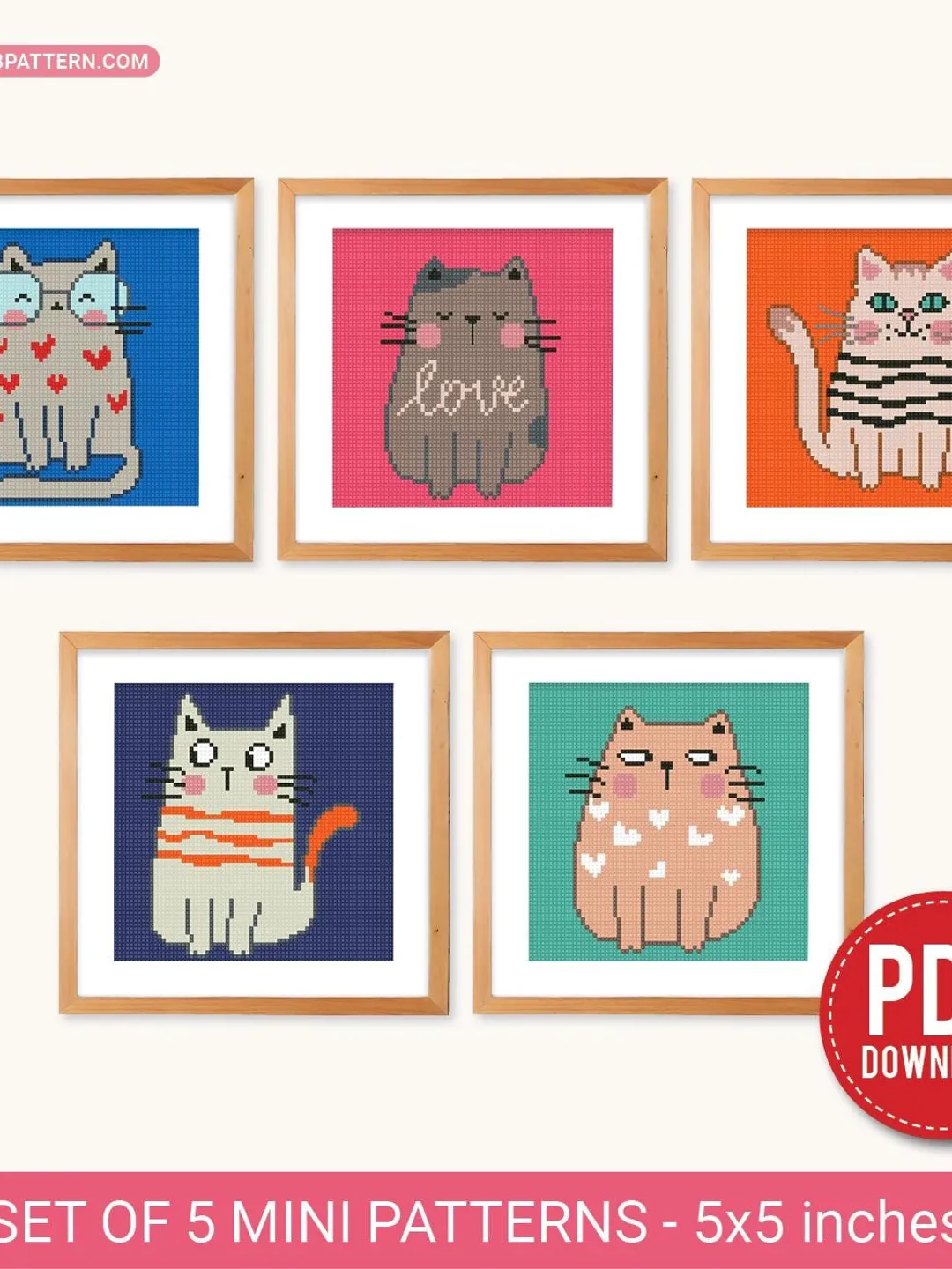 Bundle Cat 5 Cross stitch patterns, contemporary, Pet, Animal, Abstract, beginner counted, digital PDF, gift DIY, embroidery, instant PDF