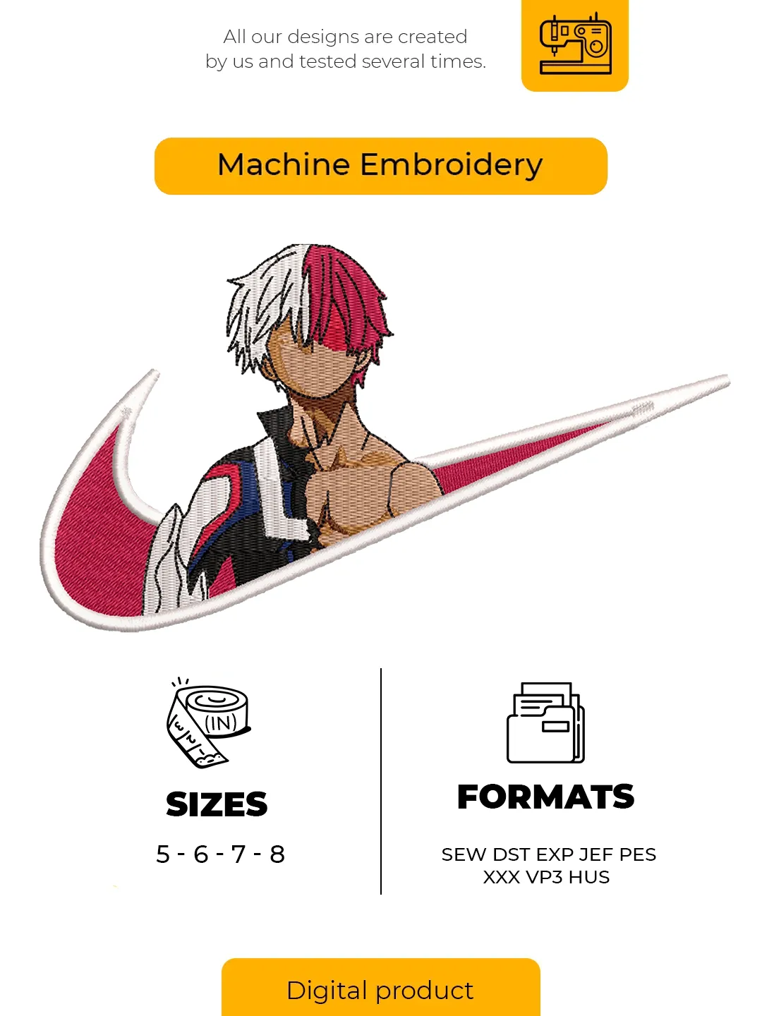 Half Red Half White Haired Ice Fire Hero Swoosh Patch Embroidery Design – Dual Quirk Anime Boy Machine Embroidery File