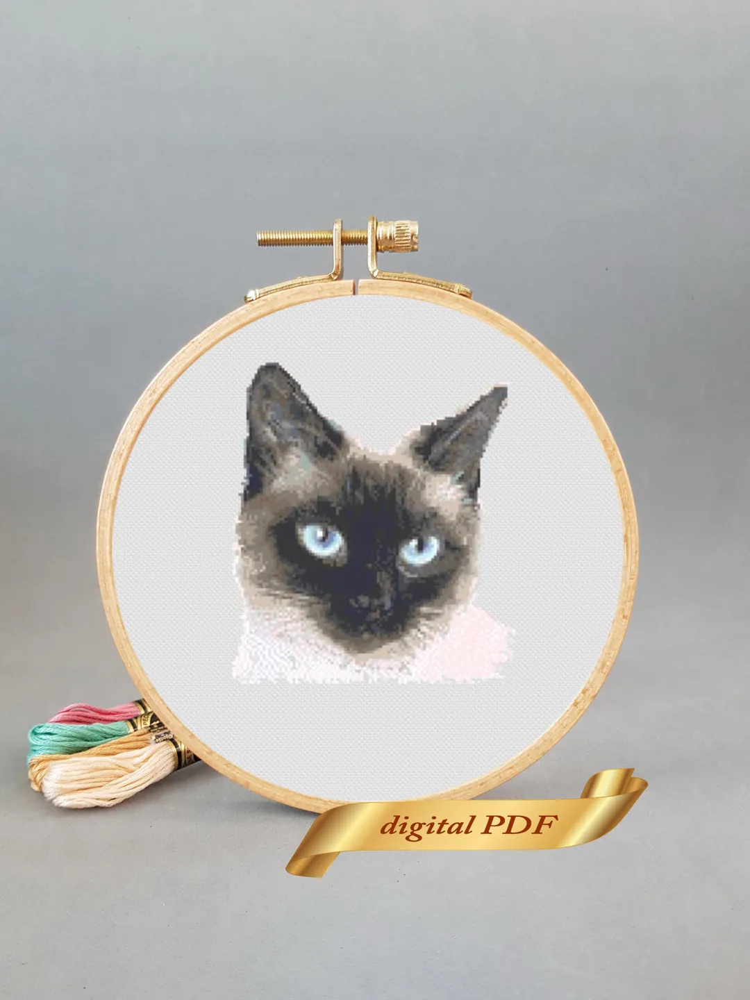 Thai cat pattern pdf cross stitch, pets easy embroidery DIY, art 18