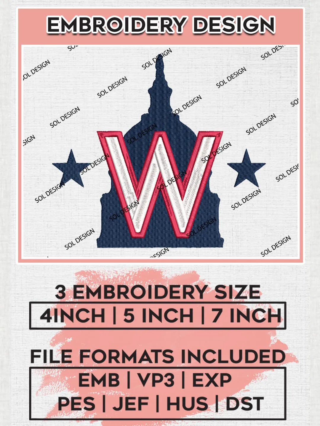 MLB Washington Nationals Machine Embroidery Design Files, MLB Washington Nationals Team Embroidery, MLB Teams, 3 sizes, MLB Machine embroidery designs, Digital Download