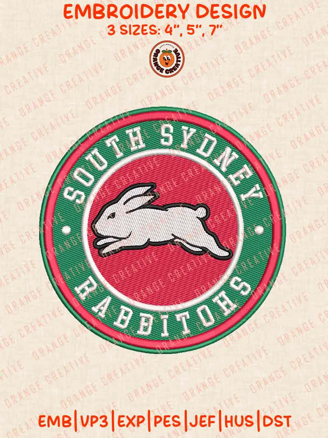 South Sydney Rabbitohs NRL Rugby Logos Embroidery Design, NRL Team Machine Embroidery Digitized Pes File, 4 Sizes, Custom Size, Instant Download