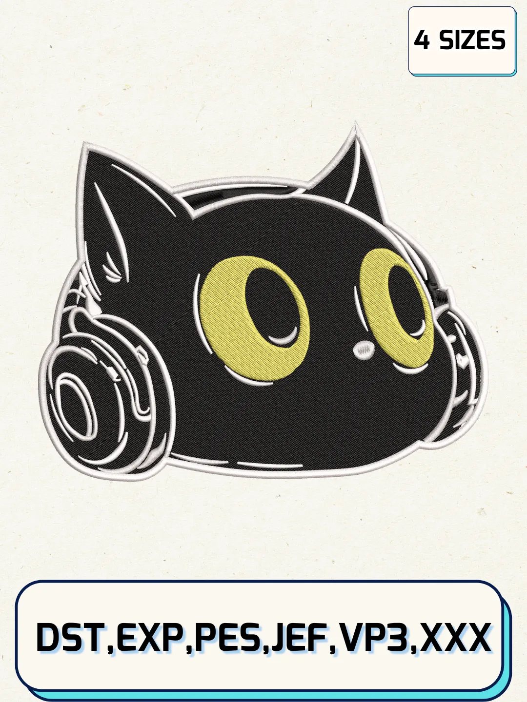 Headphone Cat Embroidery Design Files, Animal Logos Embroidery Designs, Machine Embroidery Files, 4 Sizes