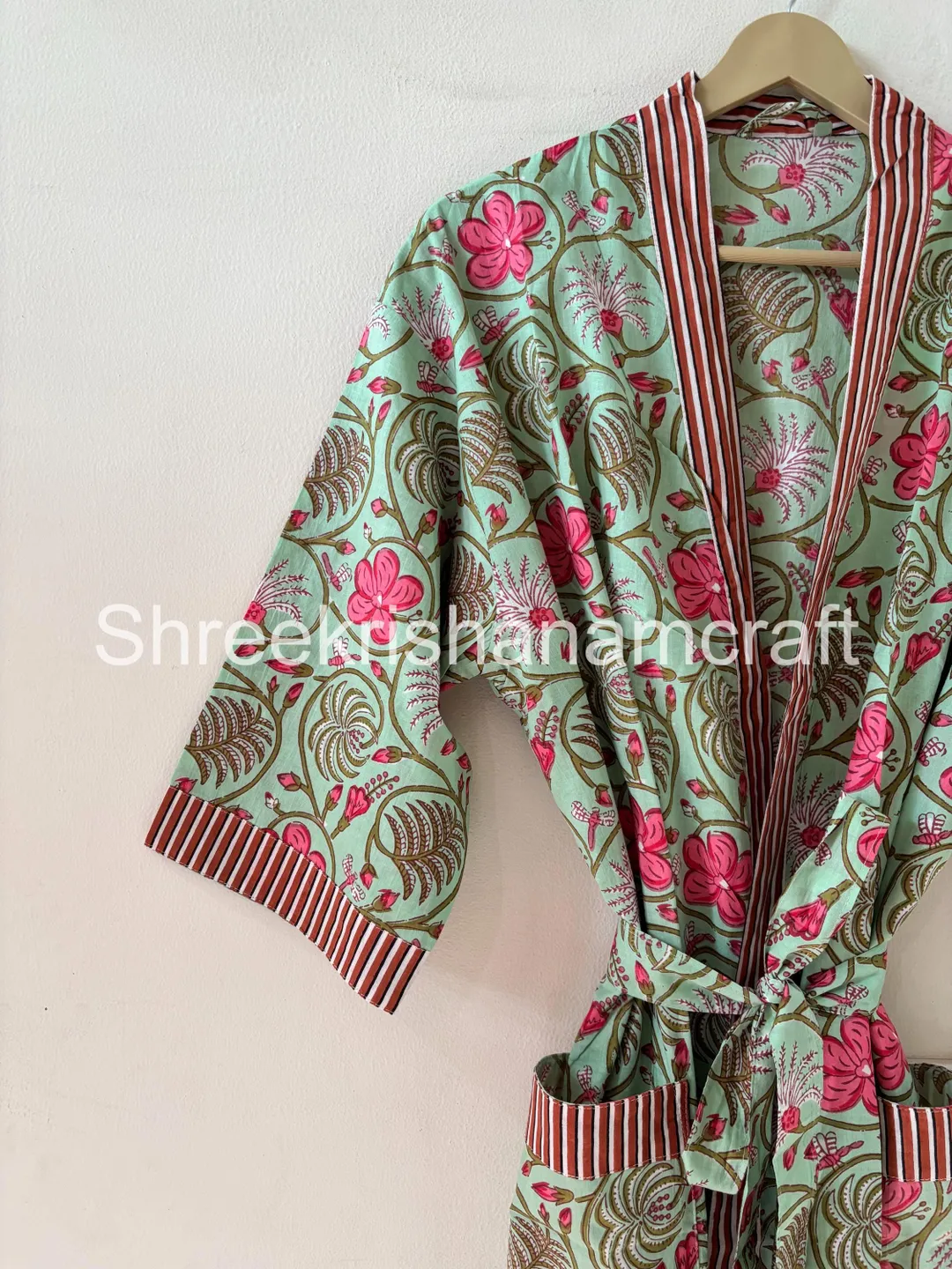 Hand Block Print Cotton Kimono Robe: Japanese Style Dressing Gown