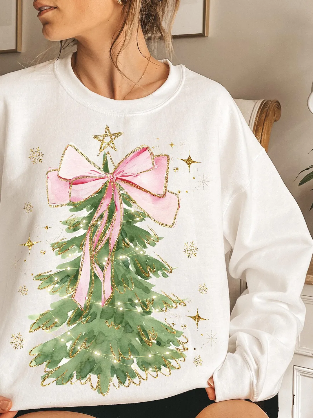 Coquette Glitter Christmas Tree Png, Watercolor Christmas Tree Girly, Merry Christmas Coquette Bow Tree Png, Christmas Lights Hand Drawn