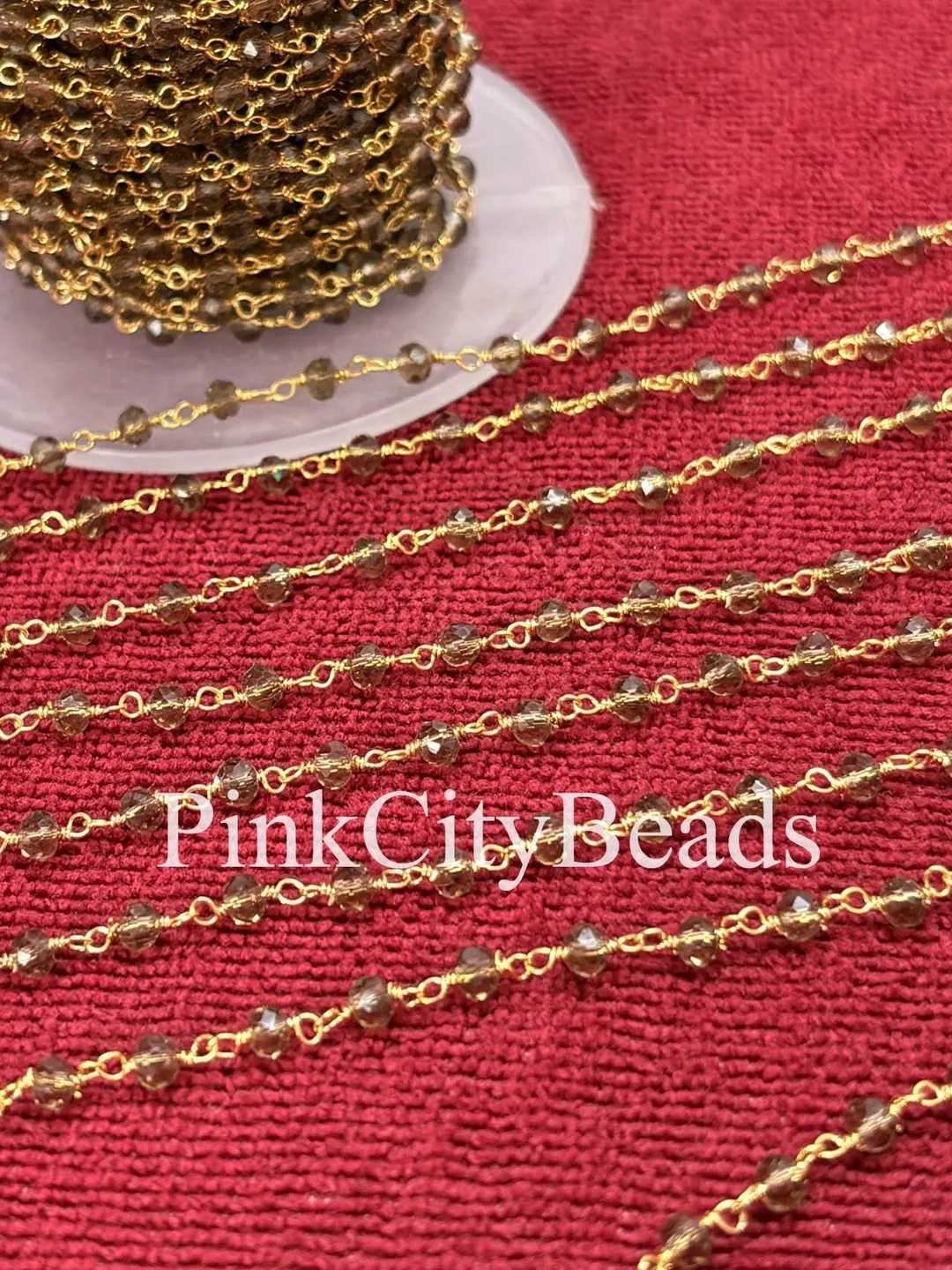 Smoky Quartz Rondelle Faceted Beaded Chain: Gold Plated Wrapped Chain