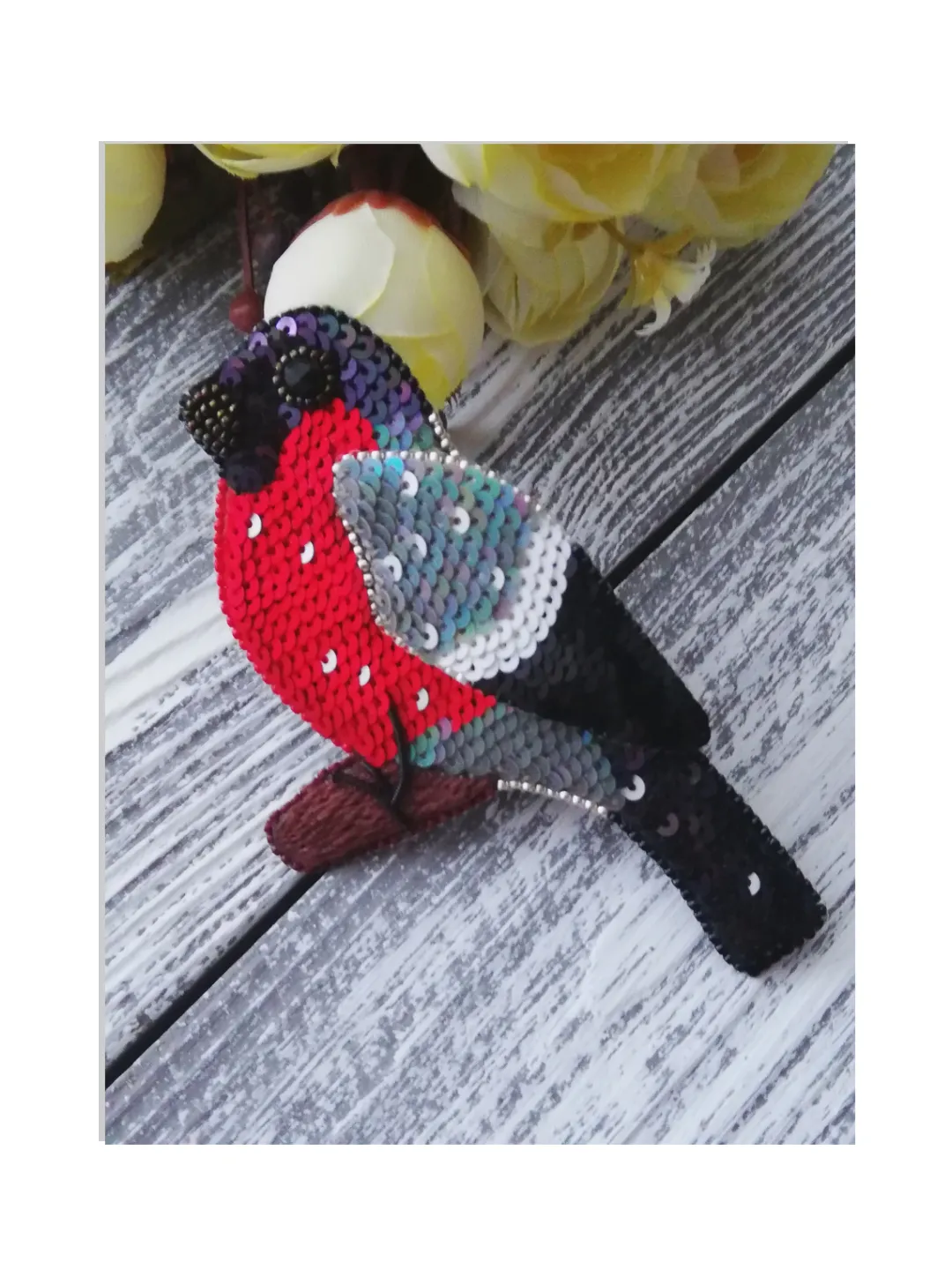 Red Bead Brooch , Embroidered Brooch , Bullfinch Brooch embroidered