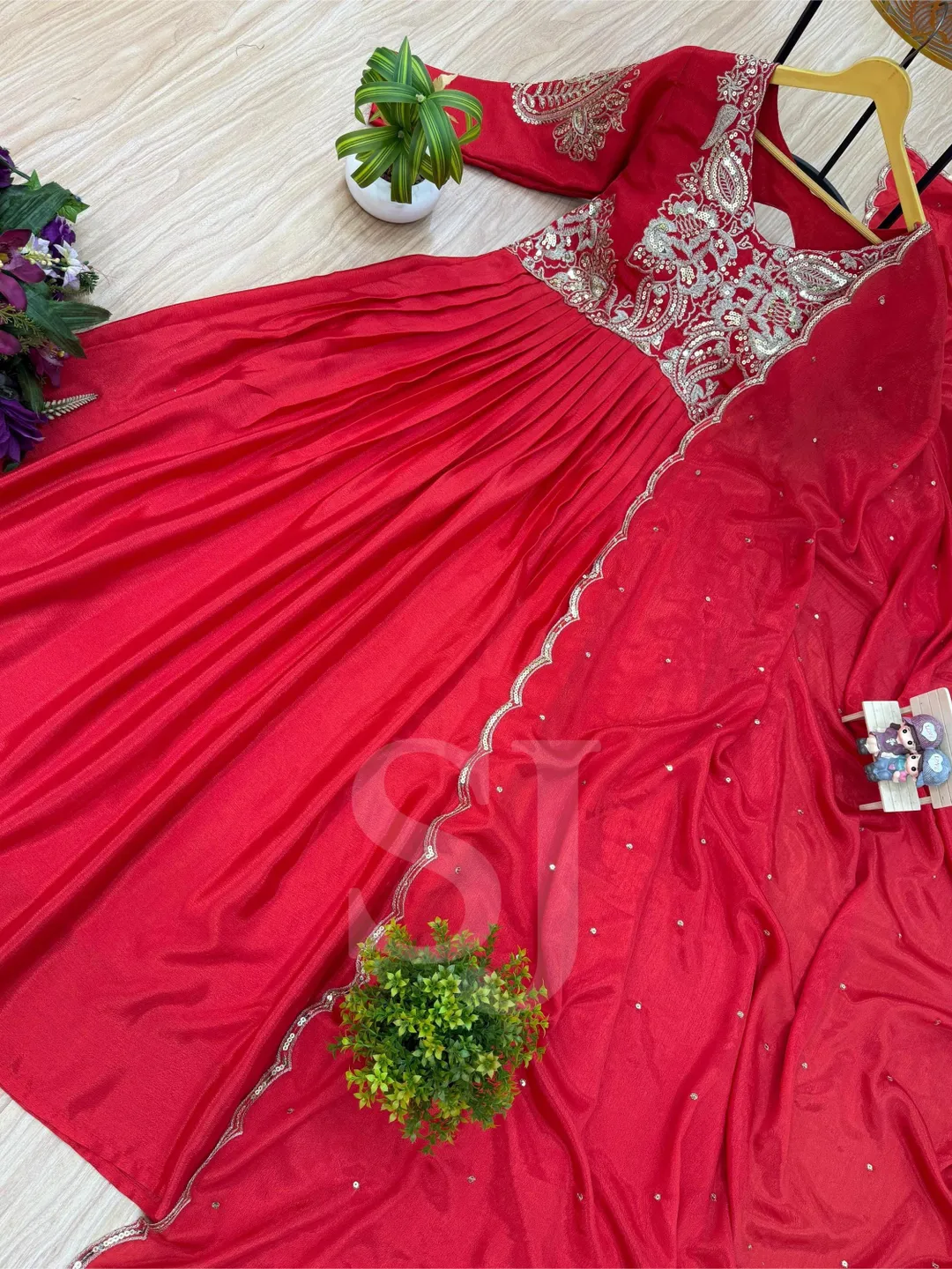 Red Anarkali Kurta With Designer Dupatta Set Indian Women Salwar Kameez Readymade Suit Set Combo, 2 Piece Combo Set, Red Partywear Women Set