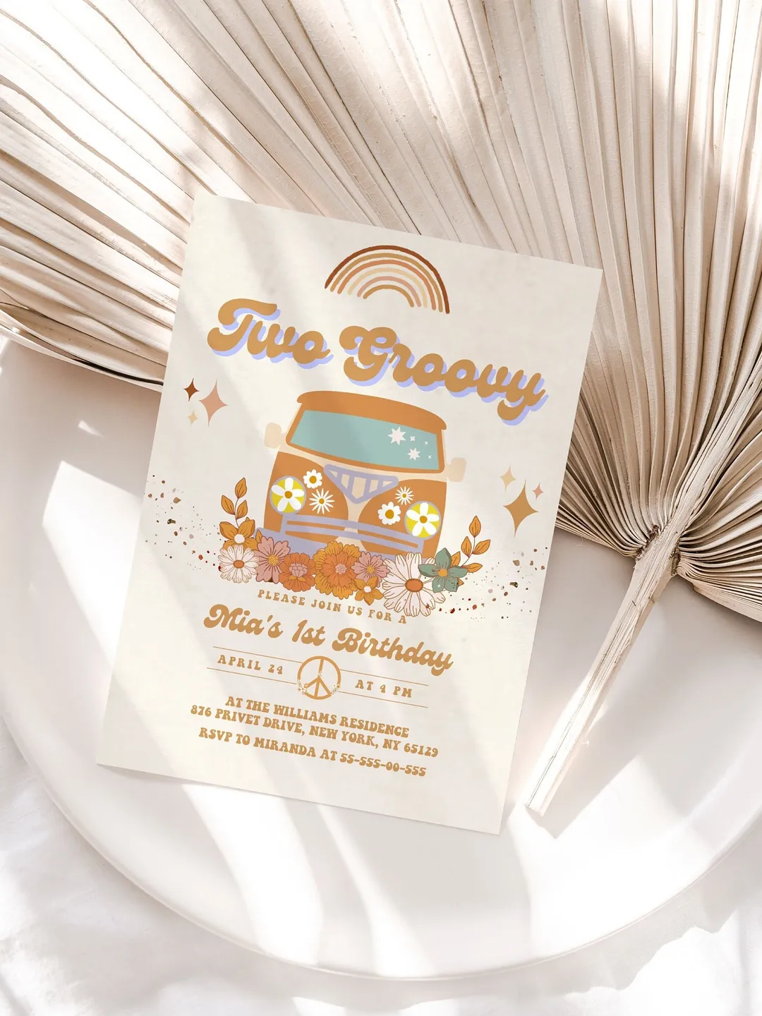 Two Groovy Editable Any Age Pink Groovy Van Daisy Rainbow Hippie Birthday Invitation Let's get Groovy 1st Birthday Invitation Template; gr1
