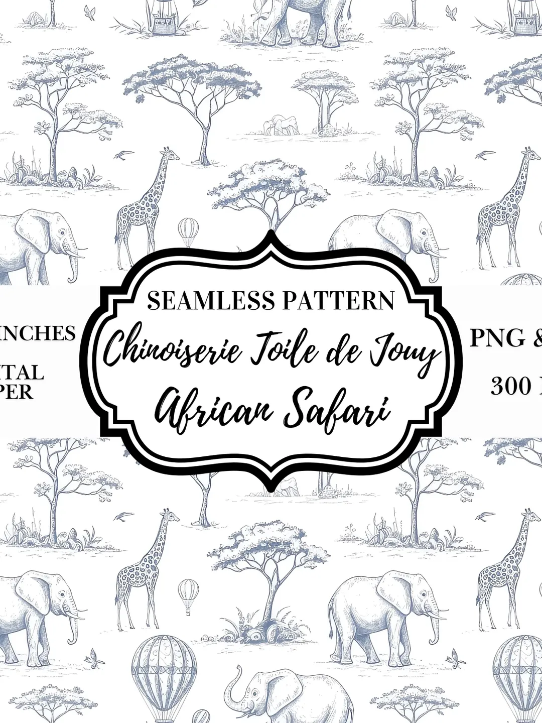 Blue African Safari Toile Pattern | Chinoiserie Nursery Wallpaper (PNG ...