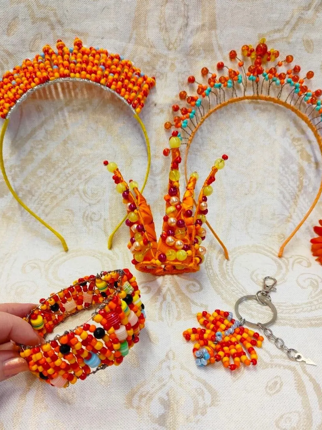 orange tiara,Orange jewelry, trinkets, orange set, sun set, wide bracelet, keychain, wreath, crown, tiara in hippie, boho, retro styles
