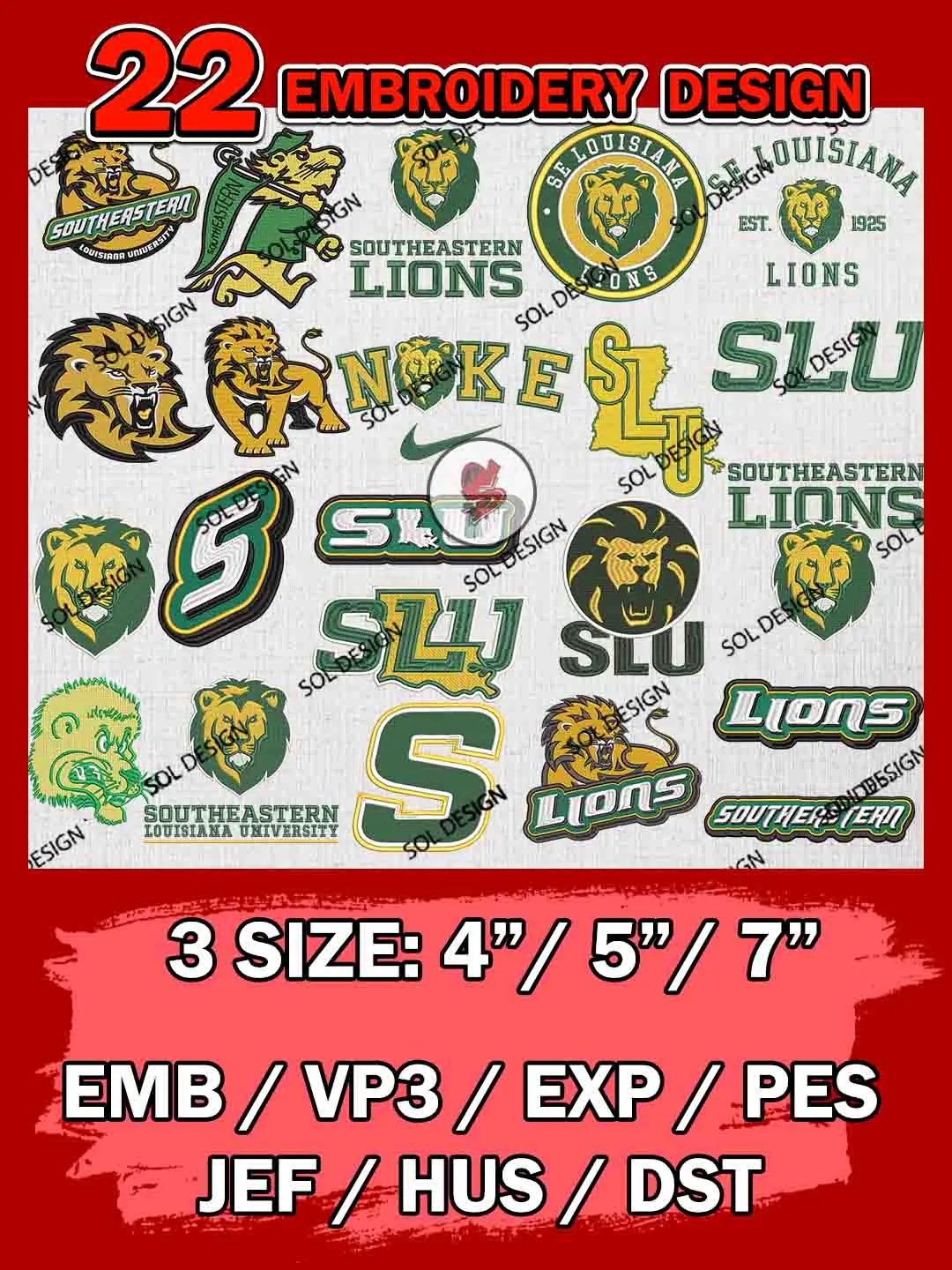 22 NCAA SE Louisiana Lions Bundle Embroidery Files, NCAA SE Louisiana Lions Team Bundle Embroidery Designs, NCAA Teams, National College Football Team 3 sizes, NCAA SE Louisiana Machine Embroidery, Digital Download