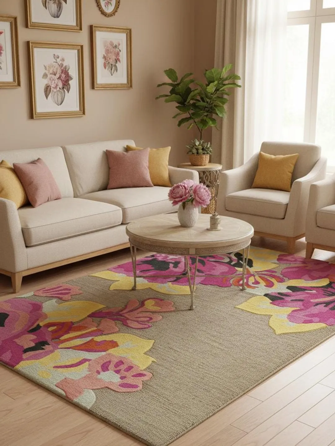 Hand Tufted Wool Floral Rug, Pastel Pink Botanical Carpet Modern Home Decor