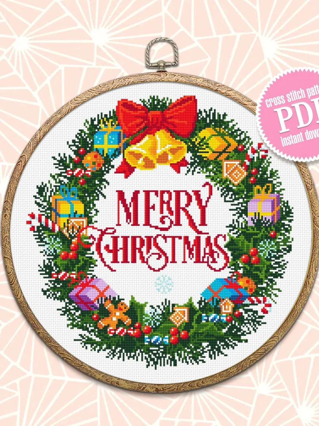 Merry Christmas cross stitch pattern download PDF Christmas wreath cross stitch Christmas pattern digital Winter holiday embroidery PDF #N20